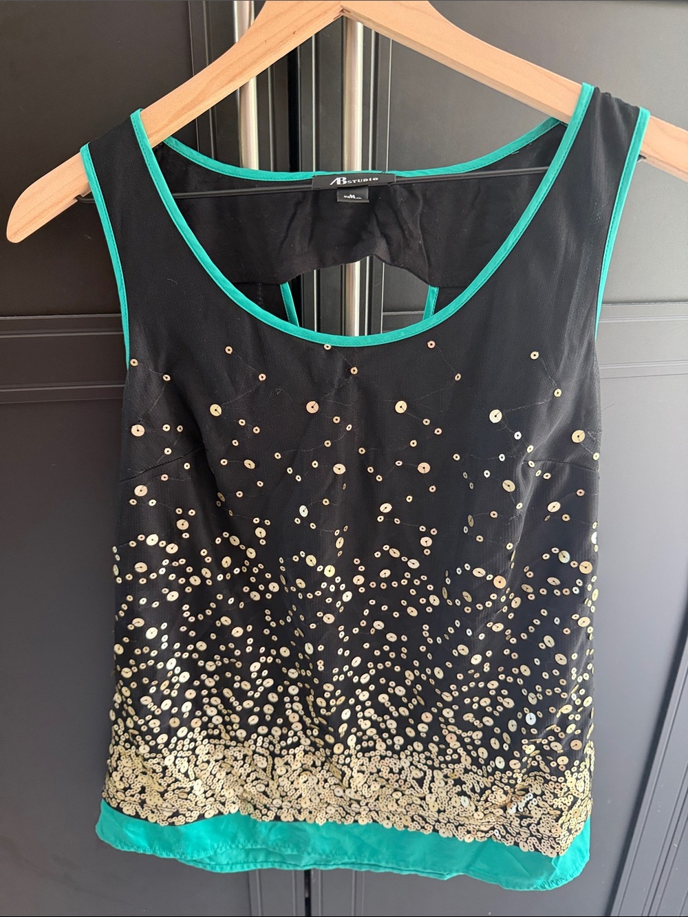 Black Sequin Tank with Teal Trim